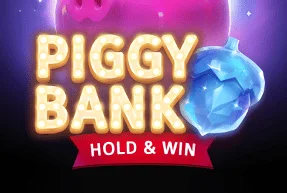 The title 'Piggy Bank Hold & Win' is shown in bright, lightbulb-style lettering. A large pink piggy bank is partially visible at the top, and a blue crystalline acorn is to the right.